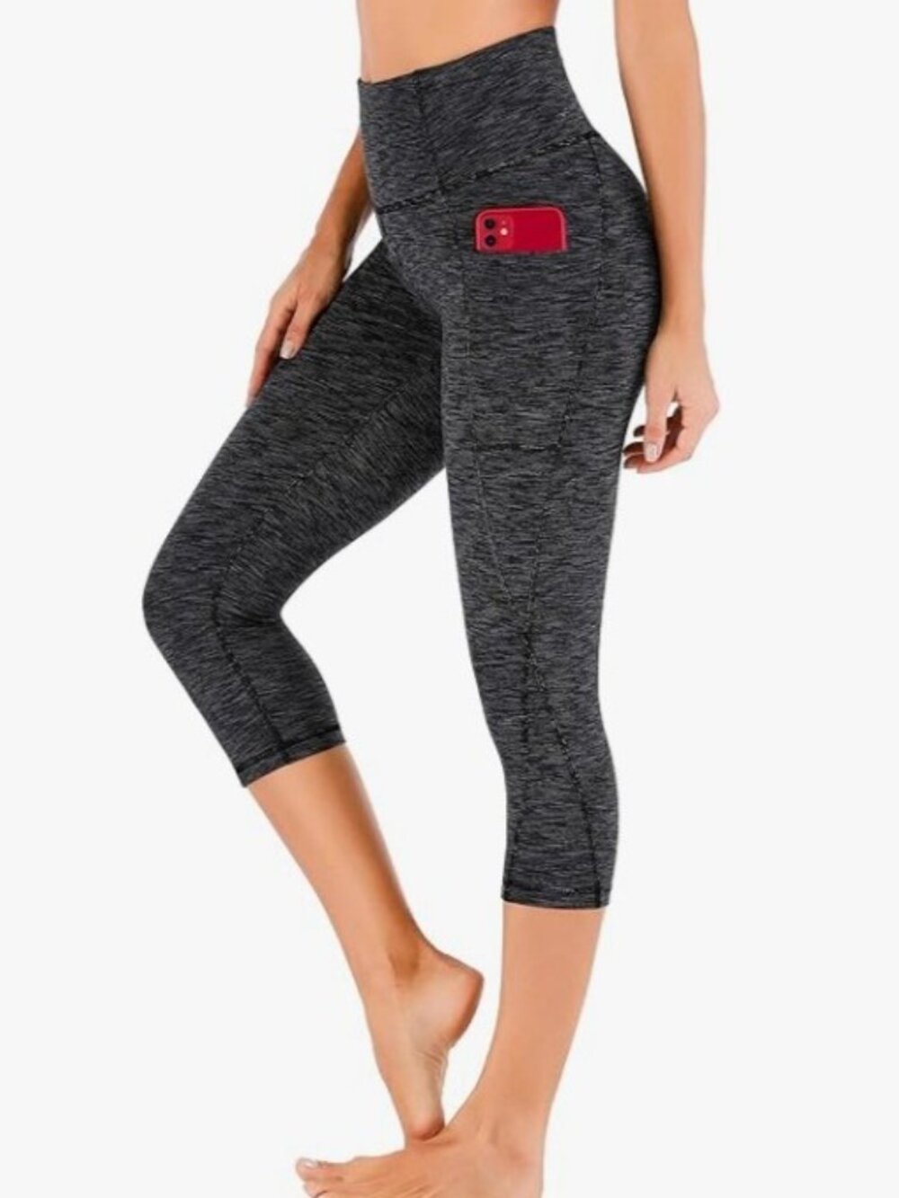 Heathyoga Womens High Waisted Heathered Gray Capri Leggings with Pockets, XL